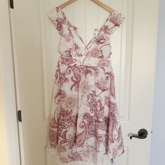NEW Cupshe Kameron Plunge Ruffle Fitted Waist Tie A-Line Dress White Pink Size L - Picture 1 of 14